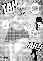 2girls big_breasts big_thighs clementine_(mrestella) english_text estella_comics female female_focus female_only glasses huge_thighs jenny_(mrestella) looking_at_viewer mannyestella monochrome mrestella oc original original_character original_characters peace_sign ponytail pose school_uniform stockings text thick_thighs tight_clothes tight_clothing tight_fit