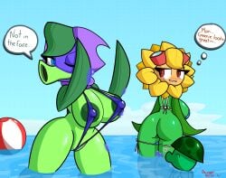 ass big_breasts bikini doregami green_shadow_(pvz) ocean peashooter_(pvz) plantie plants_vs_zombies plants_vs_zombies:_heroes revealing_clothes sea sea-shroom_(pvz) solar_flare_(pvz) sunflower_(pvz)