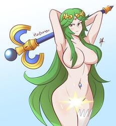 1girls convenient_censoring female_only godiva_hair green_eyes green_hair kid_icarus light_censor looking_at_viewer navel_gem navel_jewelry navel_piercing nintendo palutena raydango tagme