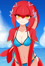 1girls adorable arms_at_sides ayatori bikini blue_bikini blush breath_of_the_wild cleavage cloud cute day fin_hair fins fish_girl mipha navel nintendo outdoors red_skin sky smile swimsuit the_legend_of_zelda thin_waist water wide_hips yellow_eyes zora