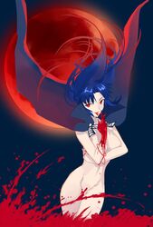 1girls axia-chan blood blood_on_hands blue_background blue_hair breasts cape ciel ciel_(tsukihime) cleavage elesia_(tsukihime) eyebrows_visible_through_hair female full_moon groin highres legs long_hair looking_at_viewer melty_blood michael_roa_valdamjong moon naked_cape navel nude nude_female red_eyes red_moon solo solo_female solo_focus thighs tongue tongue_out tsukihime type-moon