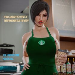 1girls 3d ada_wong ada_wong_(adriana) apron apron_only areolae black_hair blender breasts capcom coffee coffee_cup erect_nipples female female_only front_view human human_only iced_latte_with_breast_milk kingestefano98 large_breasts lipstick meme nipples red_lipstick resident_evil resident_evil_2 resident_evil_2_remake short_hair sideboob solo starbucks starbucks_siren waitress waitress_uniform wide_hips