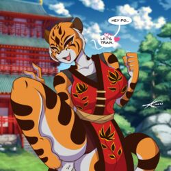 1girls 2021 anthro big_breasts breasts cameltoe feline female furry heart kung_fu_panda leg_up looking_at_viewer master_tigress mastergodai solo speech_bubble text thick_thighs tiger voluptuous wide_hips