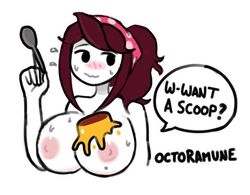 big_breasts blush breasts brown_hair cooking_mama cosplay dialogue jaiden jaiden_animations jaidenanimations mango_pudding mango_pudding_on_breasts mob_face nervous octoramune remake spoon sweat sweatdrop text youtube youtuber