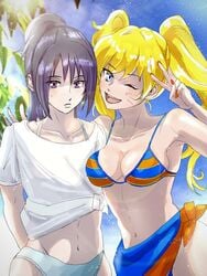 2girls armpits artist_request big_breasts bikini bikini_bottom bikini_top black_eyes blonde_hair blue_eyes blue_hair blush boruto:_naruto_next_generations breasts cleavage clothed clothed_female clothes clothing crop_top female female_focus female_only fully_clothed gender_transformation genderswap genderswap_(mtf) hourglass_figure large_breasts light-skinned_female light_skin long_fingernails long_hair long_nails nail_polish naruko naruto naruto_shippuden one_eye_closed open_mouth orange_nail_polish orange_nails painted_nails pale-skinned_female pale_skin peace_sign perky_breasts pinup ponytail pose posing rule_63 sasuke_uchiha sasuko sexy_no_jutsu shounen_jump skirt smile smiling standing striped_bikini swimsuit tied_hair twintails uzumaki_naruto v voluptuous whisker_markings whiskers wide_hips wink