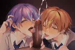 3boys blowjob blue_hair blush clothing collaborative_fellatio cum cumshot earrings erection gay green_eyes huge_cock kamishiro_rui licking licking_penis multicolored_hair okayu70204 one_eye_closed oral oral_sex orange_hair penis piercing project_sekai purple_hair saliva shinonome_akito tag2p tongue tongue_out yaoi