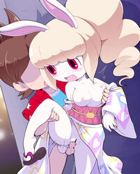 amano_keita amano_keita_(youkai_watch) anthro blonde_hair blush bunny_ears bunny_girl censored from_behind groping human_on_anthro japanese_clothes large_breasts level-5 nate_adams nollety open_mouth pink_eyes ponytail sandals snow_rabi snow_spect-hare tail tears vaginal_penetration white_fur yo-kai(species) yo-kai_watch yo-kai_watch_3 youkai youkai_watch yōkai zouri