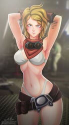 amanda_holliday belt bikini bikini_top blonde_hair blue_eyes bungie destiny_(game) female female_focus female_only glasses gloves looking_up oicram_art tattoo thong