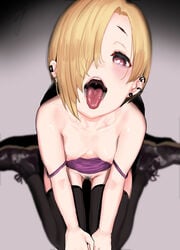 azuse_neko black_legwear blonde_hair blush breasts brown_eyes collarbone deepthroat_invitation ear_piercing female female_pubic_hair hair_over_one_eye idolmaster idolmaster_cinderella_girls kneeling looking_at_viewer mismatched_pubic_hair nipples open_mouth oral_invitation perky_breasts petite piercing pubic_hair seductive shirasaka_koume short_hair sitting small_breasts solo suggestive thigh_gap thighhighs tongue tongue_out wariza young