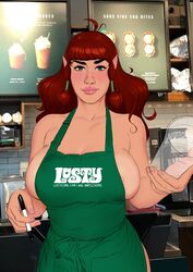 1girls apron dan_mapplethorpe danmapp elf huge_breasts iced_latte_with_breast_milk lusty_the_elf meme original original_character red_hair round_nose starbucks tagme thick_lips