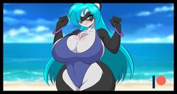 1girls 2019 anthro beach black_fur blue_eyes blue_hair breasts breasts_bigger_than_head cleavage domino_(mastergodai) female female_only furry huge_breasts long_hair looking_at_viewer mastergodai one-piece_swimsuit panda rascals solo swimsuit thick_thighs ursid voluptuous white_fur wide_hips