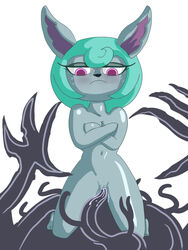 ankha_ride_(minus8) blue_skin blush blushing bodily_fluids covering_breasts covering_nipples cowgirl_position crossed_arms cum green_hair grey_skin league_of_legends looking_down nude nude_female pink_eyes purple_eyes rocketrachet sex shadow_(lol) short_hair small_breasts smaller_female tentacle traced vex_(league_of_legends) vexxshadow yordle