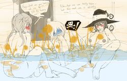 1boy 2girls anus asshole bath big_breasts blair_(soul_eater) blush disgusted fart fart_bubbles fart_cloud fart_everywhere fart_fetish fart_torture farting farting_underwater lazei maka_albarn nipples smile soul_eater soul_eater_evans text thick_thighs twintails uncolored vagina water witch_hat