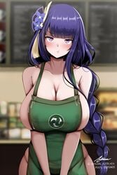 1girls 2021 apron apron_only arms_in_front artist_signature astraea_(atelierastraea) barely_clothed barely_contained barista beauty_mark blush braided_hair breasts cleavage embarrassed female female_focus female_only genshin_impact green_apron hair_ornament hips huge_breasts iced_latte_with_breast_milk indoors lactation lactation_through_clothes lactation_without_expressing long_hair looking_at_viewer meme mole_under_eye naked_apron pouting purple_eyes purple_hair raiden_shogun sideboob slim_waist very_long_hair wide_hips