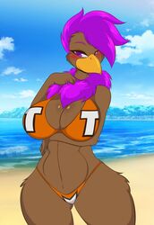 1girls 2019 anthro avian beach beak big_breasts bikini bird blush breasts brown_fur cleavage emily_emu emu female female_only furry mastergodai original original_character purple_eyes purple_hair solo swimsuit thick_thighs voluptuous wide_hips