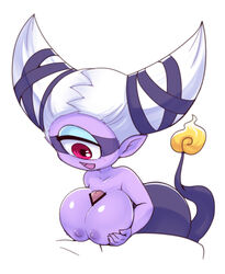 censored eyeshadow female_focus fuumin horns huge_breasts insomni large_breasts level-5 mask nollety one_eye open_mouth paizuri pointy_ears purple_skin straight tail white_hair yo-kai_watch_2 youkai youkai_watch yōkai