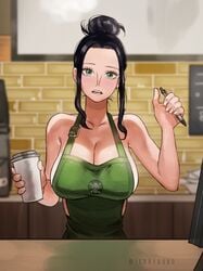 apron apron_only aqua_eyes barista big_breasts black_hair breasts busty cleavage color colored dark_hair female female_focus female_only green_apron hair_bun holding_cup holding_pen huge_breasts iced_latte_with_breast_milk jerrydurd large_breasts looking_at_viewer meme naked_apron nico_robin one_piece pen post-timeskip solo solo_female starbucks tagme tied_hair voluptuous