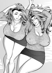 2girls 2milfs black_and_white black_skirt breasts brown_eyes brown_hair bursting_breasts cleavage collarbone covered_erect_nipples curvy drill_hair drill_locks earrings erect_nipples erect_nipples_under_clothes facing_viewer feet_out_of_frame female_focus hand_in_hair hand_on_own_head high_resolution highres huge_breasts huge_nipples jewelry looking_at_viewer makeup mascara matching_hair/eyes microskirt miniskirt mishima_yumi monochrome multiple_girls necklace nipples nipples_visible_through_clothing ootake_nami original original_characters out_of_frame panties pantyshot parted_lips puffy_nipples ring shiny siblings sisters skirt smile tatsunami_youtoku twin_milf twin_sisters twins underwear wavy_hair white_panties