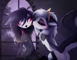 anthro anthro_on_anthro avian beak bird black_fur blush canid canine demon detailed_background duo female female/female female_only goth grey_hair hair hellhound helluva_boss high_quality interspecies loona_(helluva_boss) love magnaluna nipples octavia_(helluva_boss) owl owl_demon romantic romantic_couple smile tongue tongue_out two_tone_fur white_fur wholesome yuri