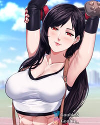 black_hair breasts female female_focus female_only final_fantasy final_fantasy_vii final_fantasy_vii_remake fully_clothed gouble light-skinned_female long_hair looking_at_viewer red_eyes smile smiling smiling_at_viewer solo solo_female tifa_lockhart