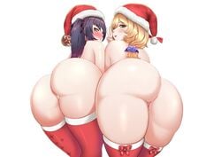 2girls alternate_version_available ass big_ass big_butt blush brown_hair butt dat_ass fat_ass female female_only genshin_impact green_eyes hat highres huge_ass huge_butt iceringer large_ass lisa_(genshin_impact) long_hair looking_at_viewer looking_back mona_(genshin_impact) skindentation thick thick_ass thick_thighs thighhighs thong tongue tongue_out voluptuous wide_hips