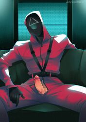 1boy clothed clothing erect_penis erection genitals gloves jumpsuit male male_focus male_only mask masked nekoomancy netflix penis penis_out pink_guard sitting solo solo_focus solo_male spread_legs squid_game triangle_(squid_game)