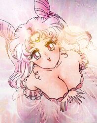 1girls aged_up ash_(artist) ash_(pixiv_115208157) bamboo_shoot_bun big_breasts bishoujo_senshi_sailor_moon bokeh chibi_usa cleavage clothed clothing crescent_moon cute_face deep_cleavage double_bun dress edit erect_nipples erect_nipples_under_clothes female female_only forehead_mark frills hair_bun hands_between_legs hands_on_ground high-angle_view large_breasts light-skinned_female light_skin long_dress long_hair looking_at_viewer looking_up low_neckline lowres manga_style nipple_bulge nipples on_model pink_clothing pink_dress pink_eyes pink_hair princess princess_lady_serenity red_eyes sheer sheer_clothing sheer_dress sitting solo solo_female style_parody sweet top_view traditional_media translucent_clothing twintails watercolor_artwork