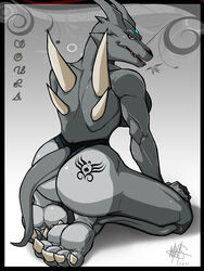 2011 4_toes anthro ass back_spikes big_butt black_nose breasts canid canid_demon canine claws clothed clothing demon dragon fangs feet female grey_body hellhound hi_res hindpaw hybrid kneeling looking_at_viewer looking_back mammal muscular muscular_anthro muscular_female non-mammal_breasts paws rear_view red_eyes scalie sideboob solo soula_(walter_sache) tattoo thong toe_claws toes topless underwear walter_sache