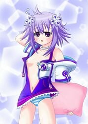 1girls blush breasts breasts_out choker color cpu_(neptunia) d-pad d-pad_hair_ornament female female_only flat_chest flat_chested goddess hair_ornament mouth_open naked_coat neptune_(neptunia) neptunia_(series) nipples open_mouth pillow purple_eyes purple_hair short_hair short_purple_hair simple_background small_breasts striped_panties video_games