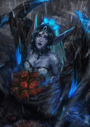 big_breasts blue_eyes blue_skin cglas chains cleavage crying crying_with_eyes_open dark_blue_hair dress fables_series ghost_bride_morgana league_of_legends looking_at_viewer mascara_tears morgana pale-skinned_female pale_skin raining ruined_makeup runny_makeup shackles