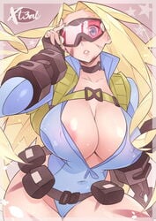 1girls 2021 areola_slip areolae artist_logo artist_signature blonde_hair blue_clothing blue_eyes body_markings breasts cammy_white capcom cleavage facial_markings female female_focus female_only gauntlets goggles highleg hips huge_breasts large_areolae long_hair open_clothes simple_background slim_waist street_fighter thick_thighs thighs utility_belt white_border wide_hips x-teal