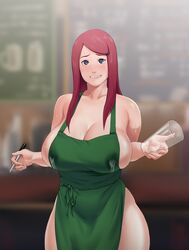 1girls blurry_background blush curvaceous curvy feet_out_of_frame female high_resolution holding_pen huge_breasts human iced_latte_with_breast_milk lactating lactation_through_clothes long_hair looking_at_viewer mature mature_female meme milf naked_apron naruto naruto_shippuden pen red_hair solo standing starbucks uzumaki_kushina zeros