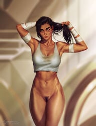 1girls armwear avatar_the_last_airbender black_hair bottomless casual clothing dark_skin earth_kingdom female handwear holding_hair human krysdecker kuvira mole mole_under_eye nickelodeon pubic_hair pussy small_breasts smooth_skin the_legend_of_korra wristwear