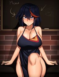 1girls apron black_hair blue_eyes blush bob_cut breasts chalkboard cleavage collarbone empty_eyes female female_only hair_between_eyes human kevbot kill_la_kill large_breasts matoi_ryuuko naked_apron schoolgirl senketsu shoulder_length_hair sideboob solo streaked_hair teenager uncomfortable