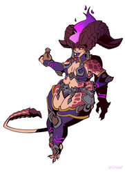 1girls 4_arms armpits bare_midriff bare_shoulders bare_thighs bikini_armor chubby_female cleavage darksiders demon demon_eyes demon_girl demon_horns demon_tail demoness dis_(darksiders) flaming_hair glowing_eyes hand_on_hip hips horns lips lipstick merchant midriff multi_arm multi_limb purple_lipstick tail thick_thighs thighhighs thighs wide_hips yellow_eyes