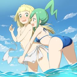 2girls ass assisted_exposure beach bikini bikini_bottom_removed blonde_hair blush breasts butt clothing female female_only flat_chest green_eyes human lillie_(pokemon) lisia_(pokemon) long_hair nintendo pale_skin pokemon pokemon_oras pokemon_sm slim small_breasts stolen_bikini stolen_swimsuit suitenan swimwear teenager thighs worried