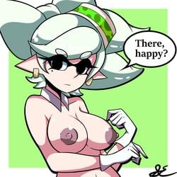 1girls areolae breasts casual casual_nudity casual_topless dialogue female female_only gio_no inkling light-skinned_female light_skin marie_(splatoon) nintendo nipples nonsexual_nudity pale_skin solo splatoon standing tagme text topless wholesome