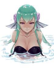 big_breasts bra breasts finana_ryugu fins fish fish_girl green_hair myth1c nijisanji nijisanji_en partially_submerged pink_eyes swimsuit virtual_youtuber water