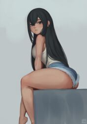 1girls ass black_hair kris_null my_hero_academia shorts simple_background tagme tsuyu_asui