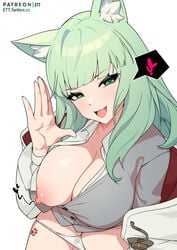 :d animal_ear_fluff animal_ears arknights bangs big_breasts blunt_bangs breasts cat_ears cat_girl commentary_request cute cute_fang ett eyebrows_visible_through_hair female green_eyes green_hair harmonie_(arknights) highres huge_breasts korean_commentary large_breasts long_hair looking_at_viewer nipples oerba_yun_fang one_breast_out open_mouth panties patreon_username seductive seductive_smile shirt simple_background skin_fang smile solo thighs underwear white_background white_panties white_shirt