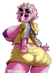 beachwear big_ass big_breasts big_butt bikini cameltoe clothed dressed looking_back mina_ashido my_hero_academia open_shirt pink_hair pink_skin pursed_lips sunglasses