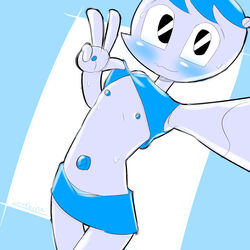 1girls black_eyes blue_nipples blue_skirt blush blushing boobs breasts female female_only flat_chest flat_chested jenny_wakeman machine my_life_as_a_teenage_robot nickelodeon nipples robot robot_girl screw_nipples skirt small_breasts small_nipples smooth_skin solo solo_female tits white_body xj-9 zokoira