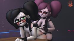 1futa 1girls 3d 3d_(artwork) animatronic baby_(fnafsl) bent_over black_hair circus_baby circus_baby_(fnaf) dickgirl duo female five_nights_at_freddy's five_nights_at_freddy's:_sister_location freddyleo futa_on_female futanari goth_baby green_eyes red_eyes so87baby standing summer_of_87_baby white_body white_skin