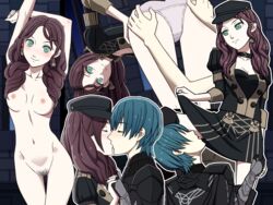 1boy 1girls arms_above_head ass ass_grab bare_legs bare_thighs bent_over blush boots breasts brown_hair byleth_(fire_emblem) byleth_(fire_emblem)_(male) choker cleavage closed_eyes completely_nude dorothea_arnault earrings female_pubic_hair fire_emblem fire_emblem:_three_houses garreg_mach_monastery_uniform green_eyes groping hat hetero kissing licking licking_leg lifted_by_self long_hair looking_at_viewer looking_back medium_breasts nalu_(artist) night nintendo nipples nude nude_female open_clothes panties pose presenting presenting_hindquarters pubic_hair purple_panties skirt smile thigh_boots thighs worship