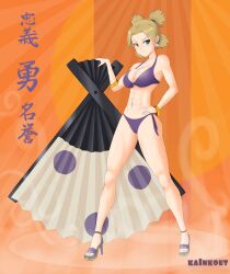 1girls abs bikini blonde_hair bracelet breasts cleavage earrings female full_body green_eyes halterneck hand_fan high_heels highres huge_weapon jewelry kainkout large_breasts legs_apart muscular muscular_female naruto naruto_(series) naruto_shippuden navel orange_background purple_bikini short_hair side-tie_bikini_bottom simple_background solo swimsuit temari thighs translated weapon