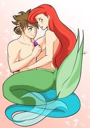 1boy 1girls ariel assisted_exposure assisted_undressing breasts brown_hair disney disney_princess embarrassed female kingdom_hearts lufidelis mermaid merman red_hair seashell_bra simple_background sitting_on_lap sora square_enix the_little_mermaid