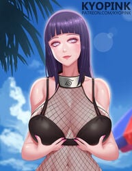 1girls bare_arms bare_shoulders big_breasts black_bra blue_hair blush bra breast_grab breast_press busty cleavage clothed clothing eyeshadow female female_focus female_only fishnet_shirt fishnets hand_on_breast hourglass_figure hyuuga_hinata kyopink large_breasts light-skinned_female light_skin lips lipstick long_fingernails long_hair long_nails looking_at_another makeup nail_polish naruto naruto:_the_last naruto_(series) naruto_shippuden nature outside painted_nails pale-skinned_female pale_skin palm_tree pink_lips pink_lipstick pink_nail_polish pink_nails pinup purple_eyes revealing_clothes shounen_jump solo solo_female solo_focus tree underwear voluptuous wide_hips