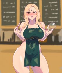 1girls apron blonde_hair blue_triangles breasts cleavage clothed_female cup female female_only holding_object huge_breasts iced_latte_with_breast_milk large_areolae large_breasts long_hair mature mature_female meme nail_polish naked_apron naruto naruto_(series) naruto_shippuden pen smile solo solo_focus tsunade waitress wide_hips