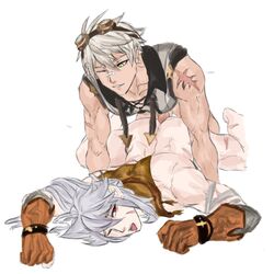 2boys anal anal_penetration anal_sex bandage_on_nose bennett_(genshin_impact) clothed_sex gay genshin_impact genzonillablack gloves goggles goggles_on_head green_eyes grey_hair male_only male_penetrated razor_(genshin_impact) red_eyes scars tongue_out white_hair yaoi