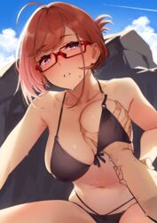 92m bikini breast_grab glasses kinshi_no_ane large_breasts orange_hair original otouto_(92m) outdoors pink_eyes pov red_glasses rock string_bikini sweat